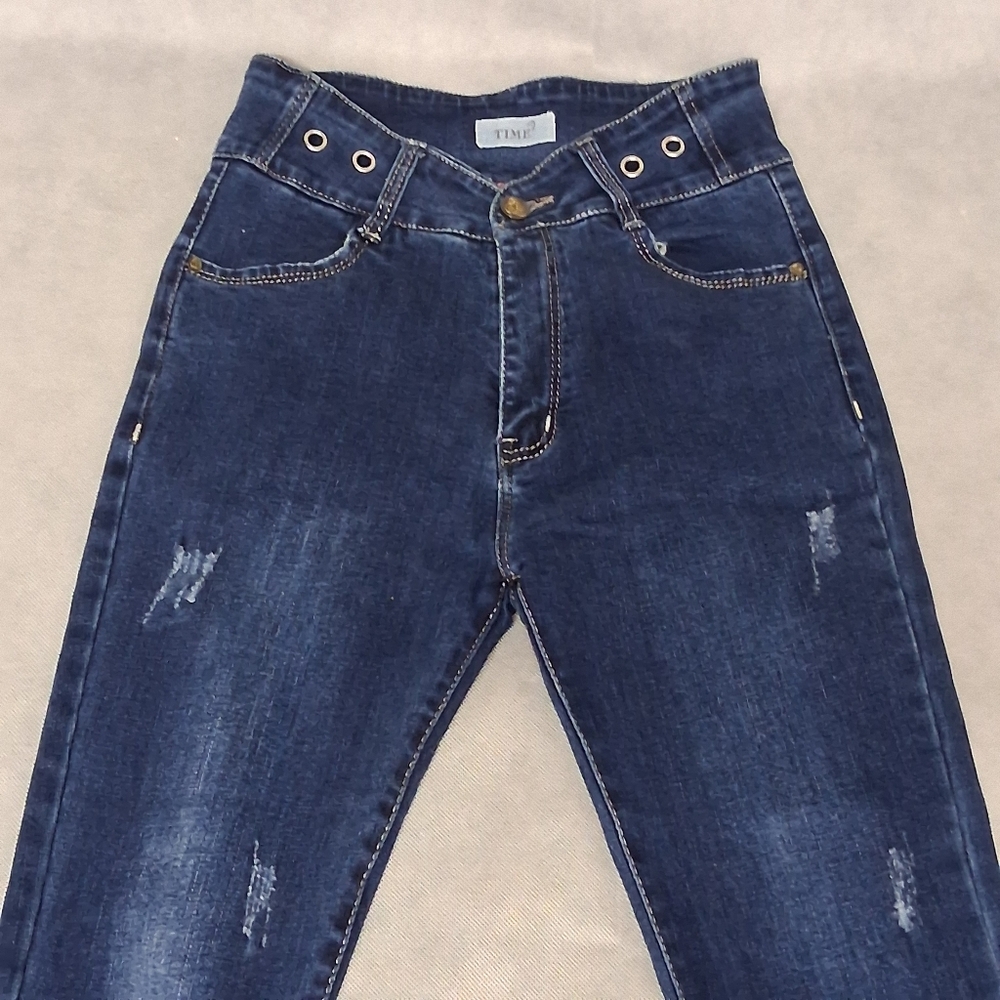 TIME Blue Jeans 29x25.5 Skinny Leg Jegging High Rise Dark Wash Distressed